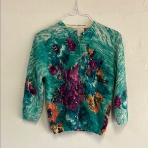 Angelon by Darlene  Vintage 1950s wool/rabbit fur Floral Cardigan